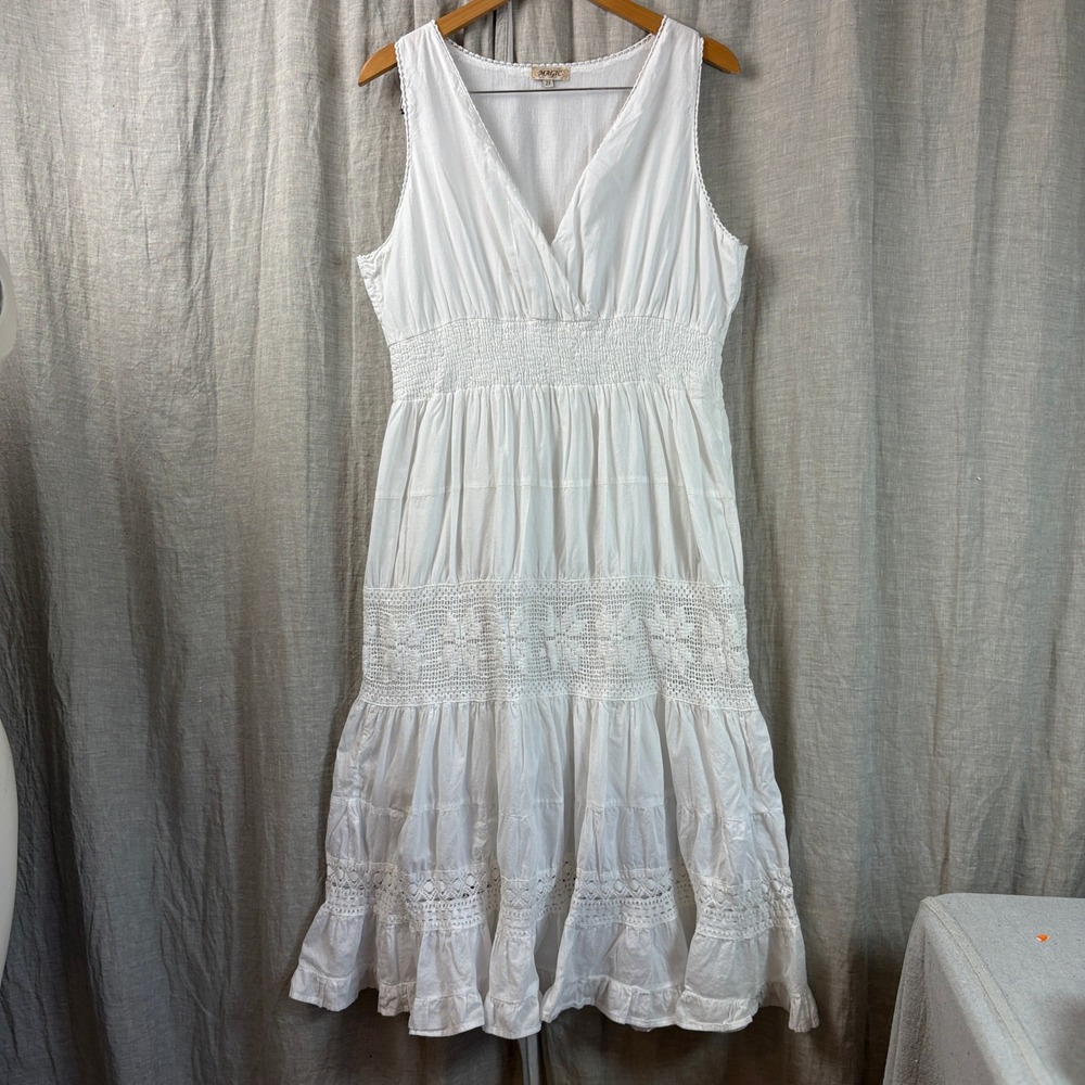 y2k MAGIC White Dress Size Plus 2X Smocked Waist Lace Tiered Midi Romantic Fairy